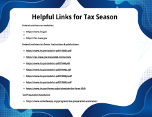 Blue and white abstract image with links for tax season