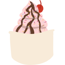 Strawberry ice cream in a dish, with sprinkles, hot fudge, and a cherry on top