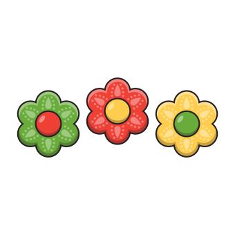 3 flowers, green red and yellow