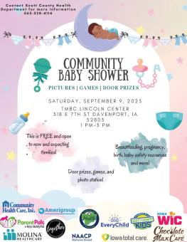 Flyer with illustrations of a sleeping baby and baby related items, plus event details for the 9-9-23 Community Baby Shower