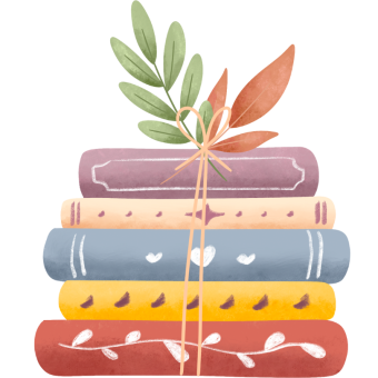 illustration of a stack of books, tied with a ribbon
