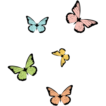 butterflies of different colors fly around a white background
