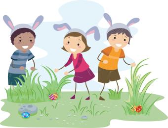 3 kids with bunny ears looking for hidden easter eggs