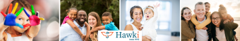 Four pictures of kids, teens, and families with the Hawki logo in the middle.