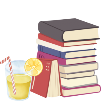 Glass of lemonade with a striped straw sitting next to a stack of books