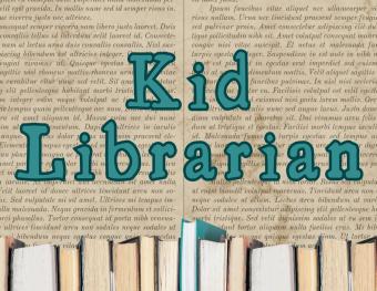 Book pages with a row of books at the bottom. The text "Kid Librarian" is written in teal font.