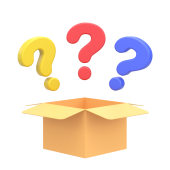 Illustration of an open cardboard box with three question marks hovering above