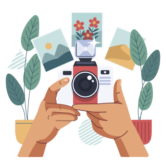 Illustration of hands holding a camera, with plants and photos in the background