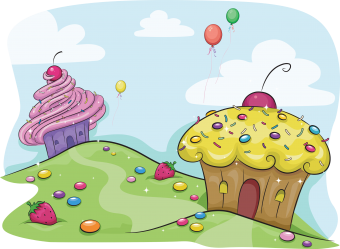 Illustration featuring a land full of cupcakes and candies