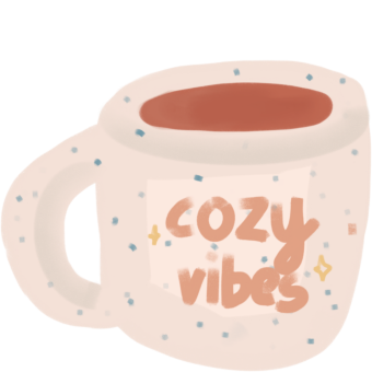 Illustration of a pink mug inscribed with the phrase "cozy vibes"