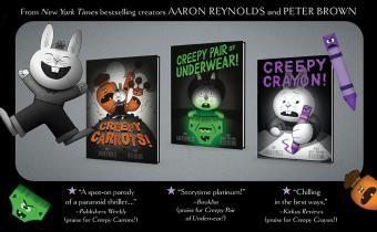 Cartoon rabbit standing next to Aaron Reynolds' Creepy Tales picture book series.