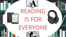 Shelves of books with an oval that says reading is for everyone. Icons show headphones, large print, ebooks, and a graphic novel